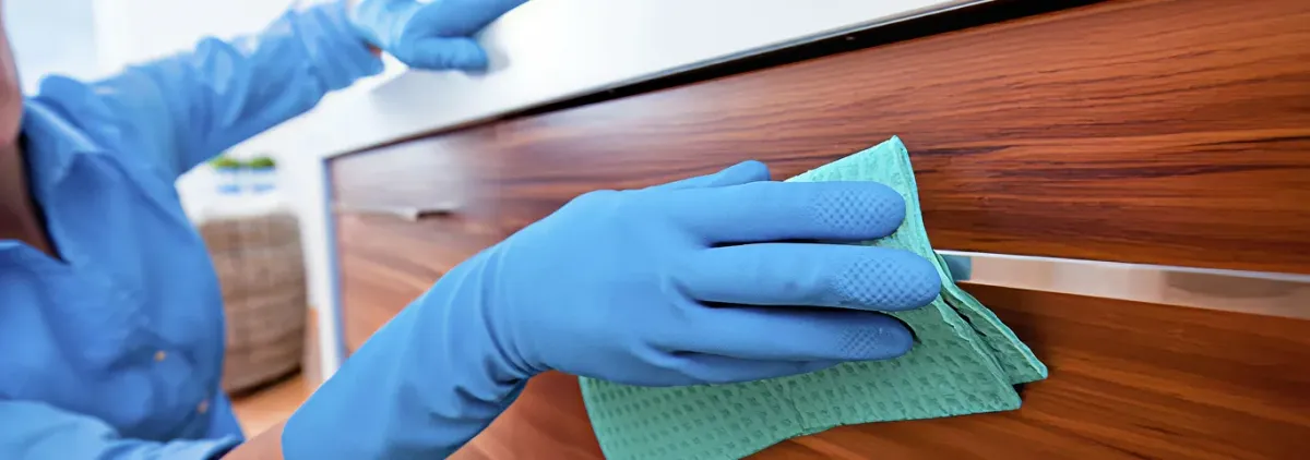 Cleaner wearing blue gloves wiping a wooden cabinet drawer with a microfiber cloth for dust and grime removal, Seattle, WA.